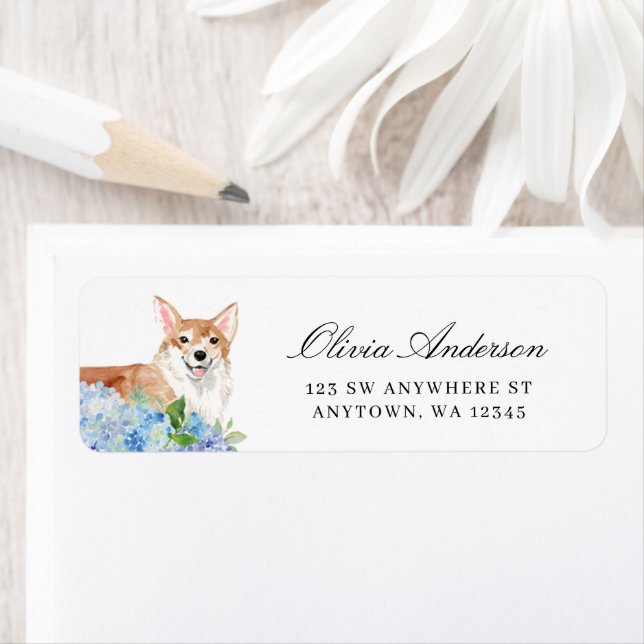 Corgi Blue Hydrangea Return Address Label (Insitu)