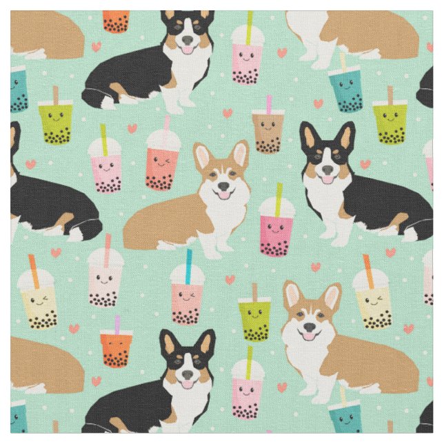 corgi boba tea mint fabric (Close Up)