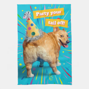 Corgi Butt Birthday Hat Tea Towel