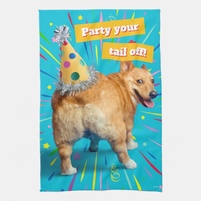 Corgi Butt Birthday Hat Tea Towel (Vertical)