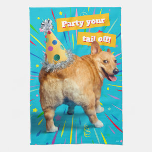 Corgi Butt Birthday Hat Tea Towel