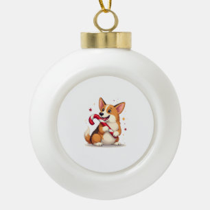 Corgi Candy Cane Joy Ceramic Ball Christmas Ornament