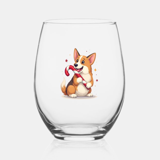 Corgi Candy Cane Joy Stemless Wine Glass (Front)