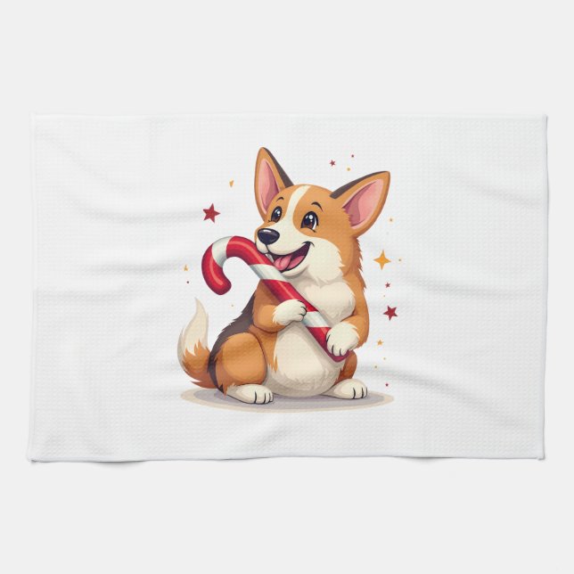 Corgi Candy Cane Joy Tea Towel (Horizontal)