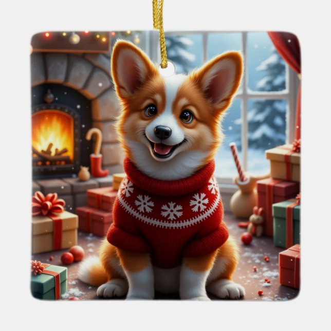 Corgi Christmas Art Ceramic Ornament (Front)