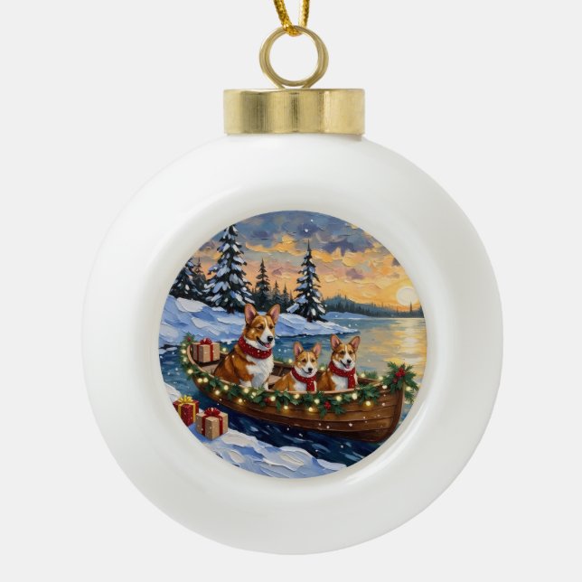 Corgi Christmas Boat Holiday Ceramic Ball Christmas Ornament (Front)