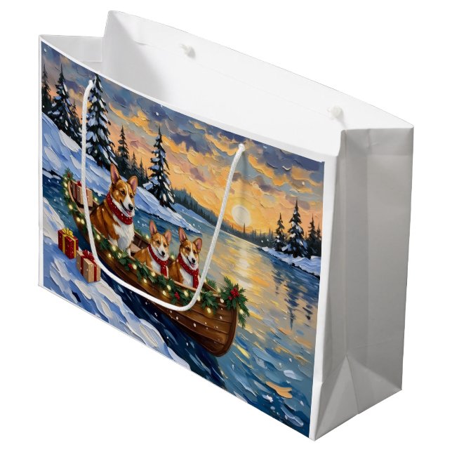 Corgi Christmas Boat Holiday Large Gift Bag (Front Angled)