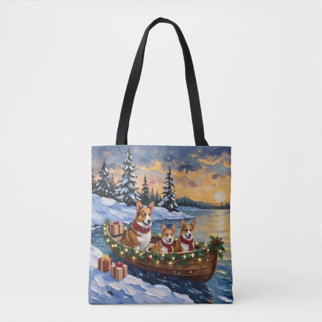 Corgi Christmas Boat Holiday Tote Bag (Front)