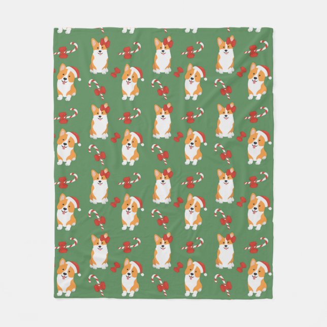 Corgi Christmas Candy Cane Pattern Fleece Blanket (Front)