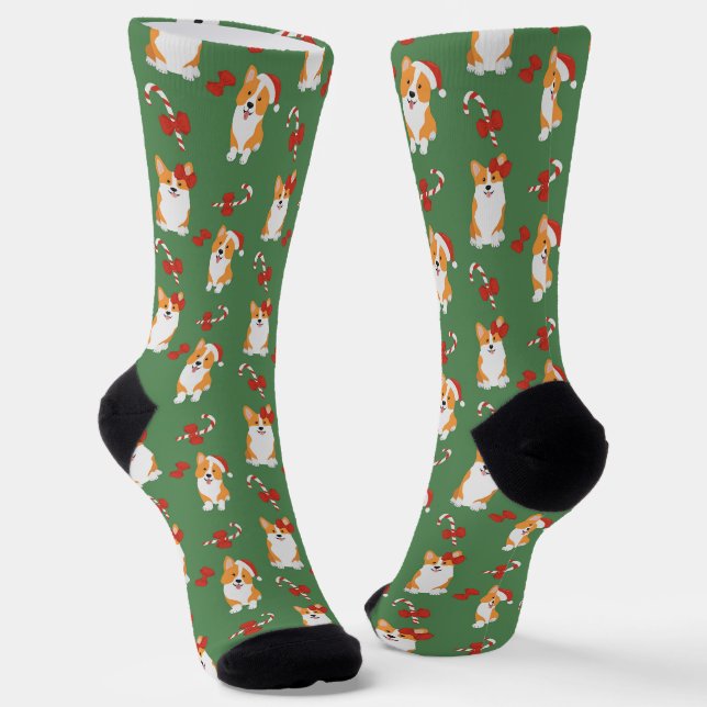 Corgi Christmas Candy Cane Pattern Socks (Angled)