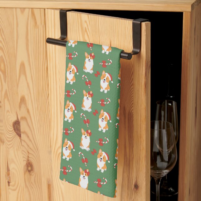 Corgi Christmas Candy Cane Pattern Tea Towel (Thirds Fold)
