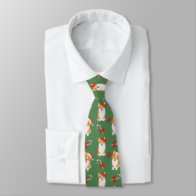 Corgi Christmas Candy Cane Pattern Tie (Tied)