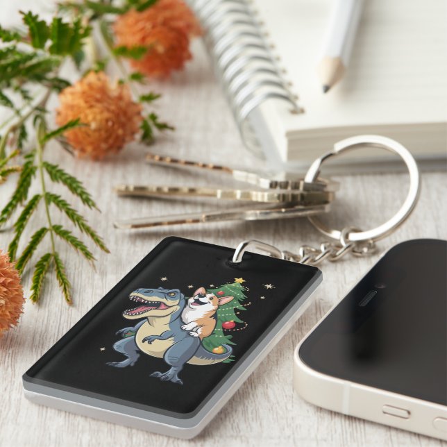 Corgi Christmas Dinosaur Tree Rex Holiday Xmas  Key Ring (Front Right)
