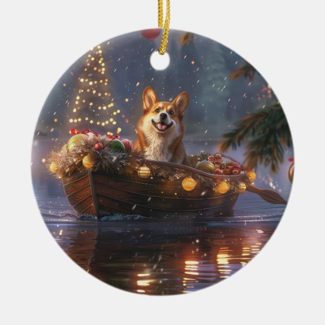 Corgi Christmas Festive Voyage Ceramic Ornament (Front)