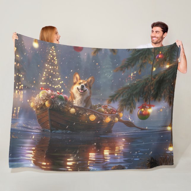 Corgi Christmas Festive Voyage Fleece Blanket (In Situ)