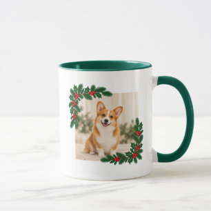 Corgi Christmas Photo and Name Santa Hat Holly Mug