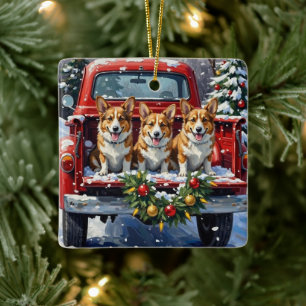 Corgi Christmas Red Truck Holiday Ceramic Ornament