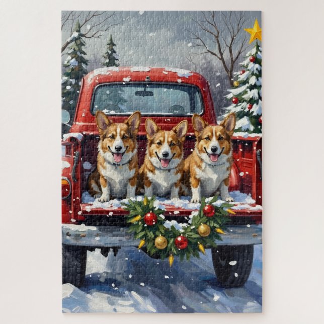 Corgi Christmas Red Truck Holiday Jigsaw Puzzle (Vertical)