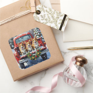 Corgi Christmas Red Truck Holiday Square Sticker