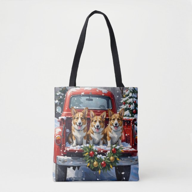 Corgi Christmas Red Truck Holiday Tote Bag (Front)