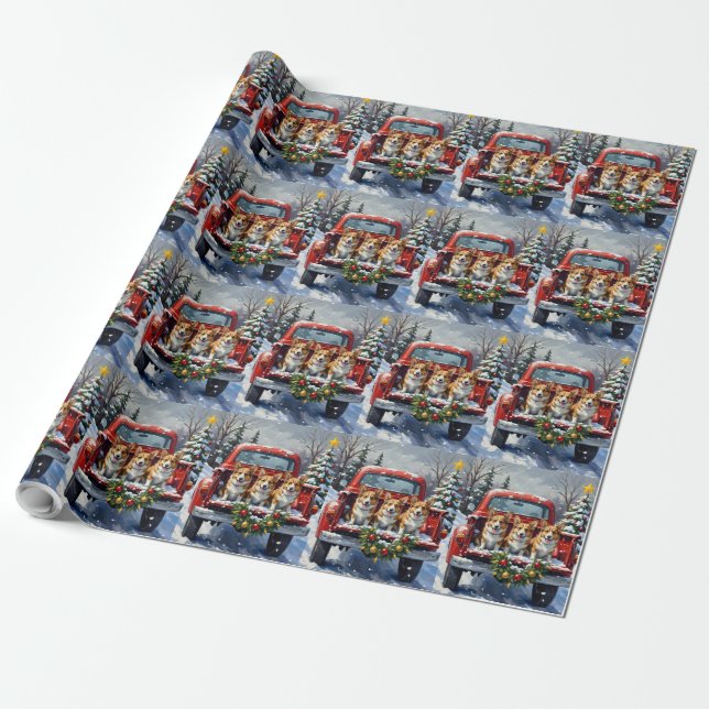 Corgi Christmas Red Truck Holiday Wrapping Paper (Unrolled)