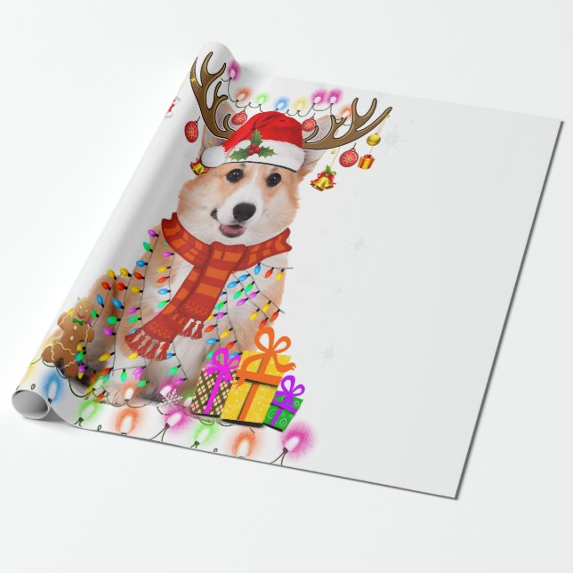 Corgi Christmas  Reindeer Christmas Lights Pajama Wrapping Paper (Unrolled)