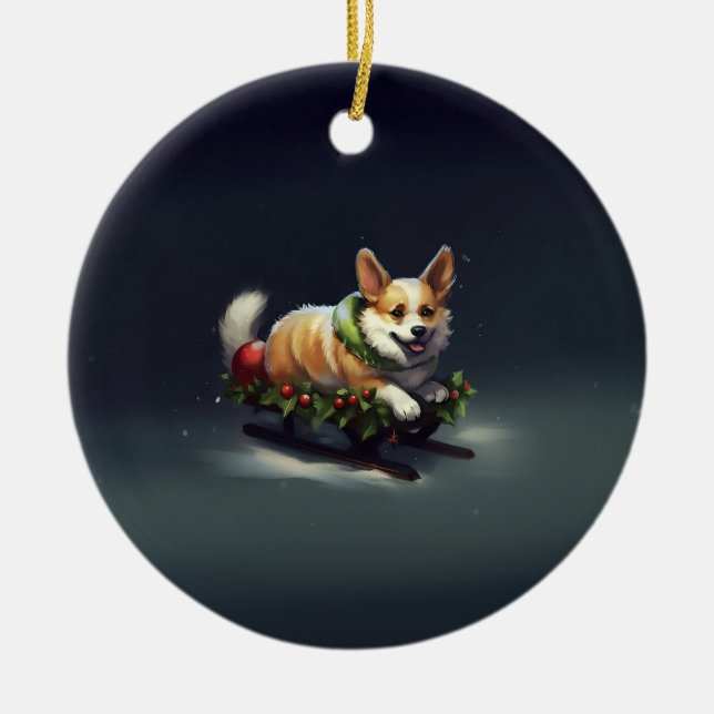 Corgi Christmas snow winter Ceramic Ornament (Front)