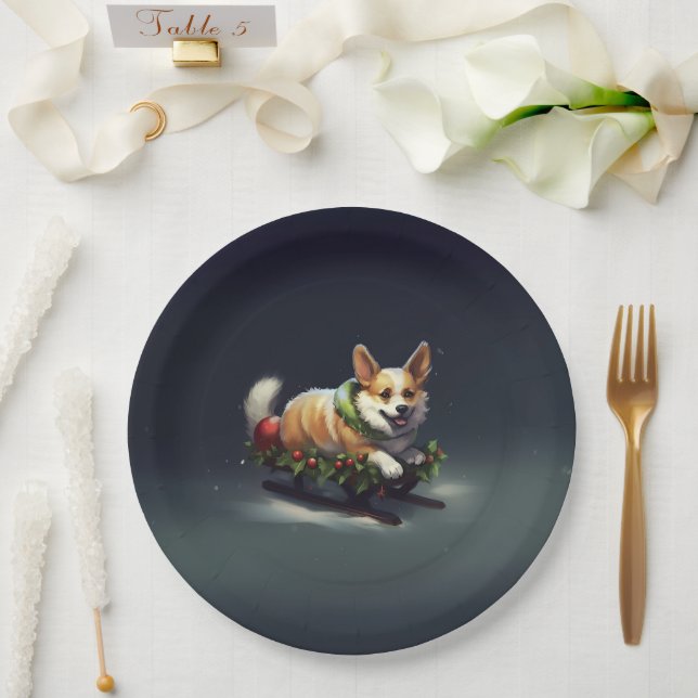 Corgi Christmas snow winter Paper Plate (Wedding)