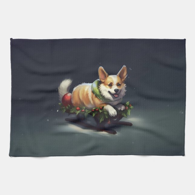 Corgi Christmas snow winter Tea Towel (Horizontal)