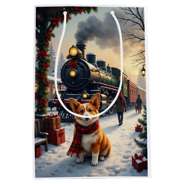 Corgi Christmas Train Art Medium Gift Bag (Front)