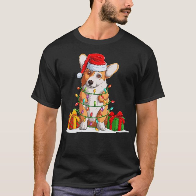 Corgi Christmas Tree Light Merry Christmas T-Shirt (Front)