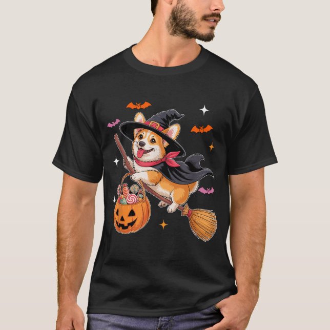 Corgi Cosplay Witch On Broomstick Halloween Owner  T-Shirt (Front)