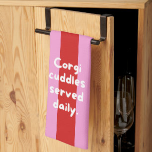 'Corgi cuddles served daily' Red And Pink Striped  Tea Towel