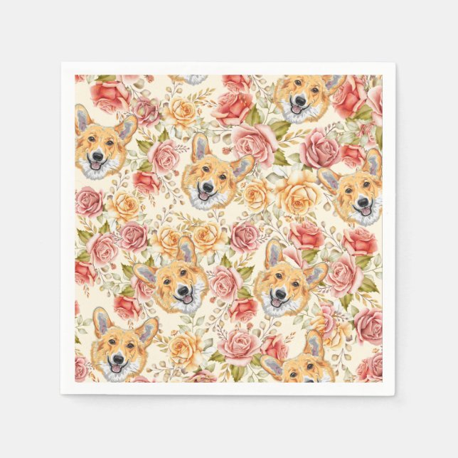 CORGI DOG AND ENGLISH ROSES PAPER DECOUPAGE NAPKIN (Front)