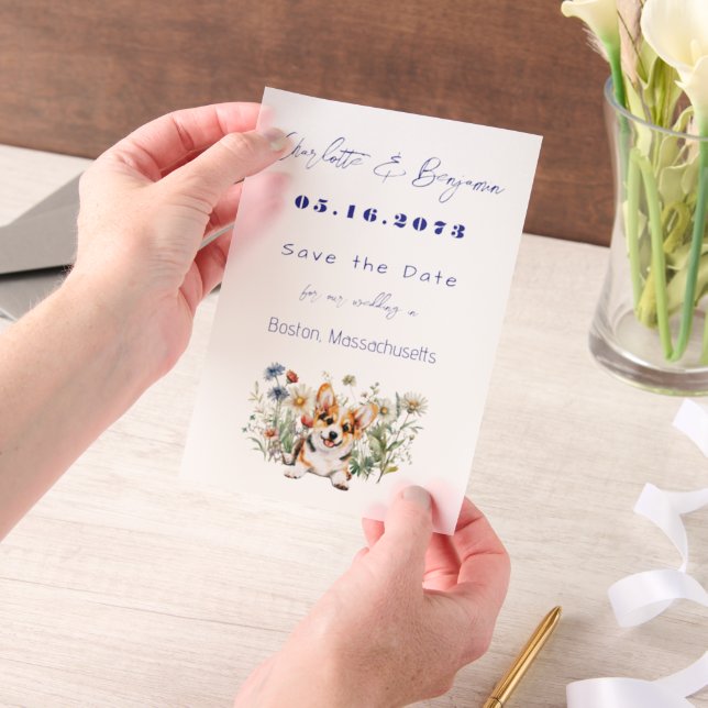 Corgi Dog and Wildflowers Save the Date Vellum Invitations (Handheld)
