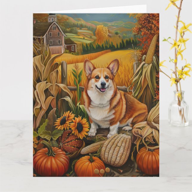 Corgi Dog Autumn Harvest Thanksgiving Card (Yellow Flower)