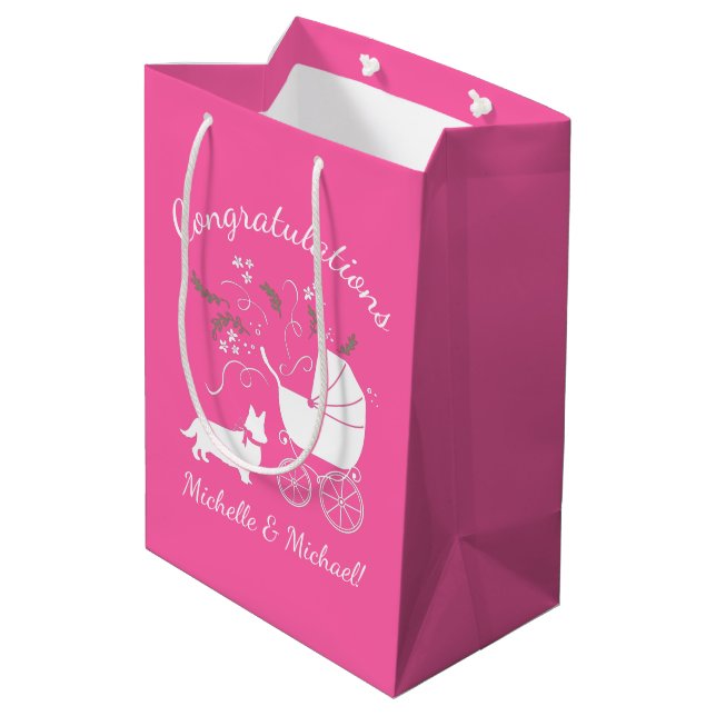 Corgi Dog Baby Shower Pink Girl Medium Gift Bag (Back Angled)