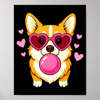 Corgi dog blowing pink bubble gum cute hearts  poster