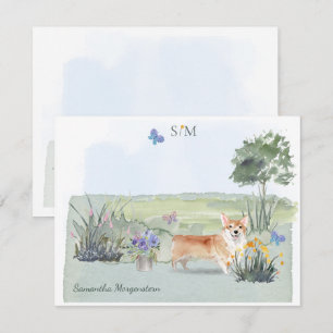 Corgi Dog Butterfly Meadow Monogram and Name   Card