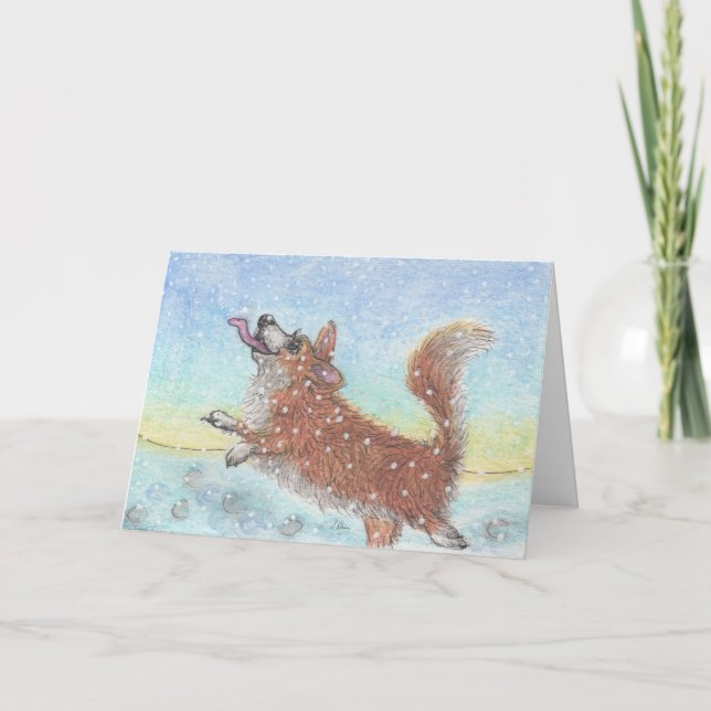 Corgi dog, catching snowflakes holiday card (Front)