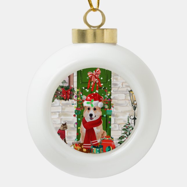 corgi Dog Christmas   Ceramic Ball Christmas Ornament (Front)