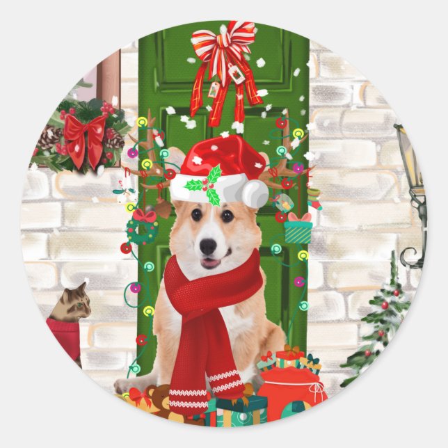 corgi Dog Christmas  Classic Round Sticker (Front)