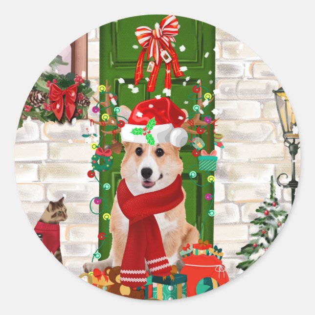 corgi Dog Christmas  Classic Round Sticker (Front)
