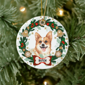 Corgi Dog Christmas Cute Dog Cookie Wreath Ceramic Ornament