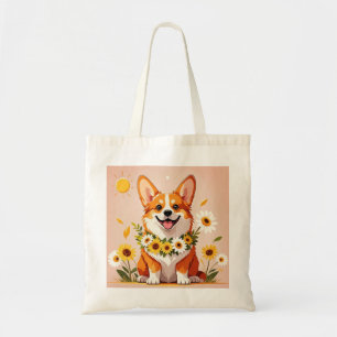 Corgi dog crown of sunflowers wall art decor tote bag