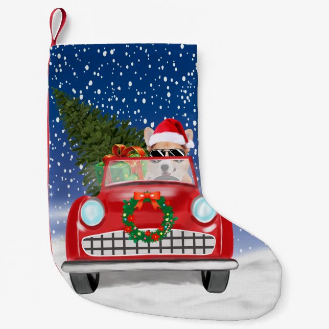 Corgi Dog Driving Car In Snow Christmas  Small Christmas Stocking (Front)