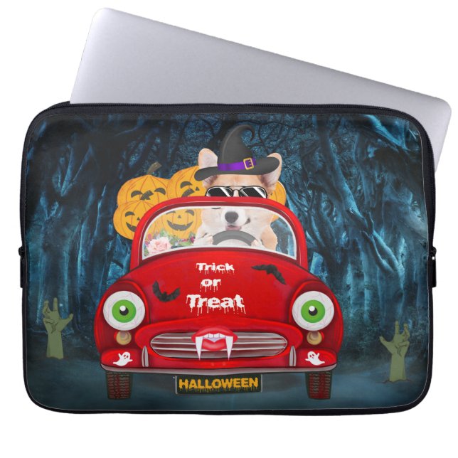 Corgi Dog Driving Car Scary Halloween Laptop Sleeve (Front)