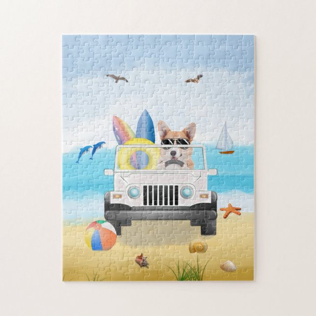corgi Dog Driving on Beach  Jigsaw Puzzle (Vertical)