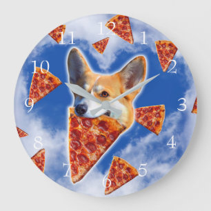 Corgi Dog Eating Pizza Large Clock