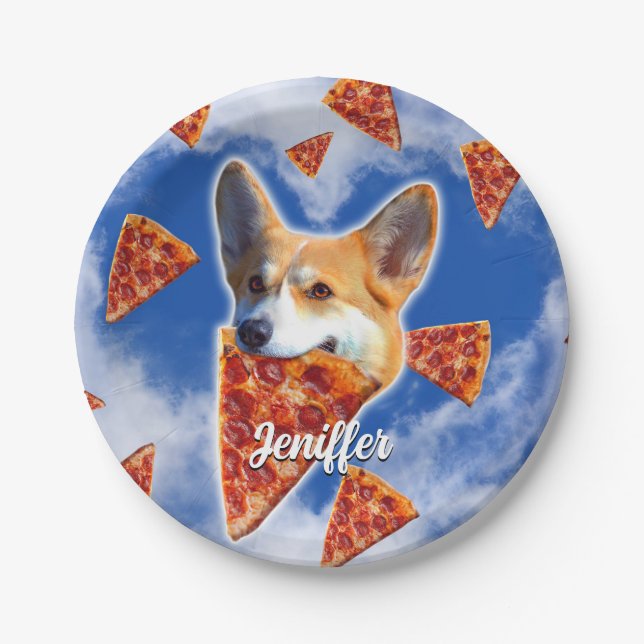 Corgi Dog Eating Pizza                             Paper Plate (Front)